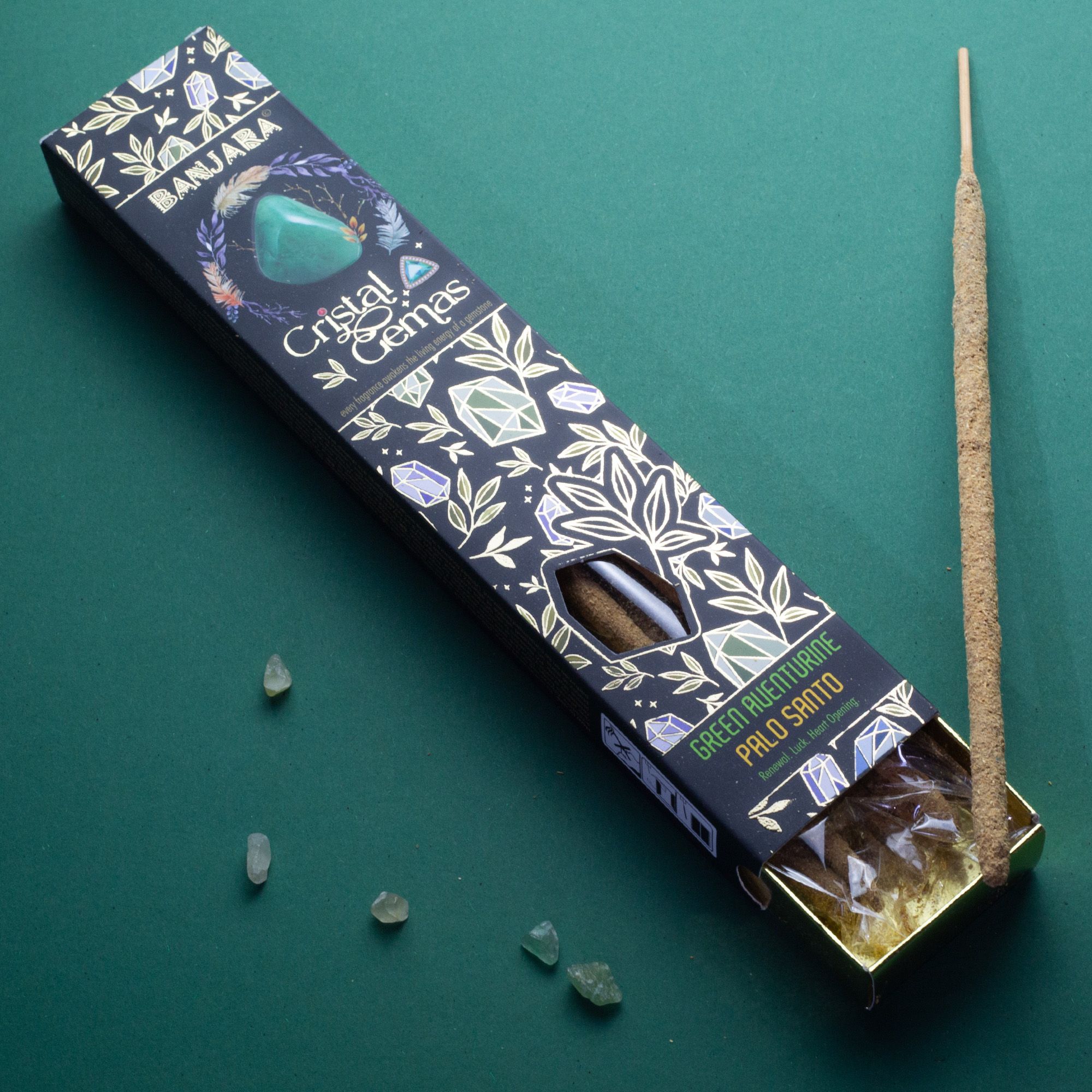 Banjara Røgelsespinde – Grøn Aventurin Palo Santo
