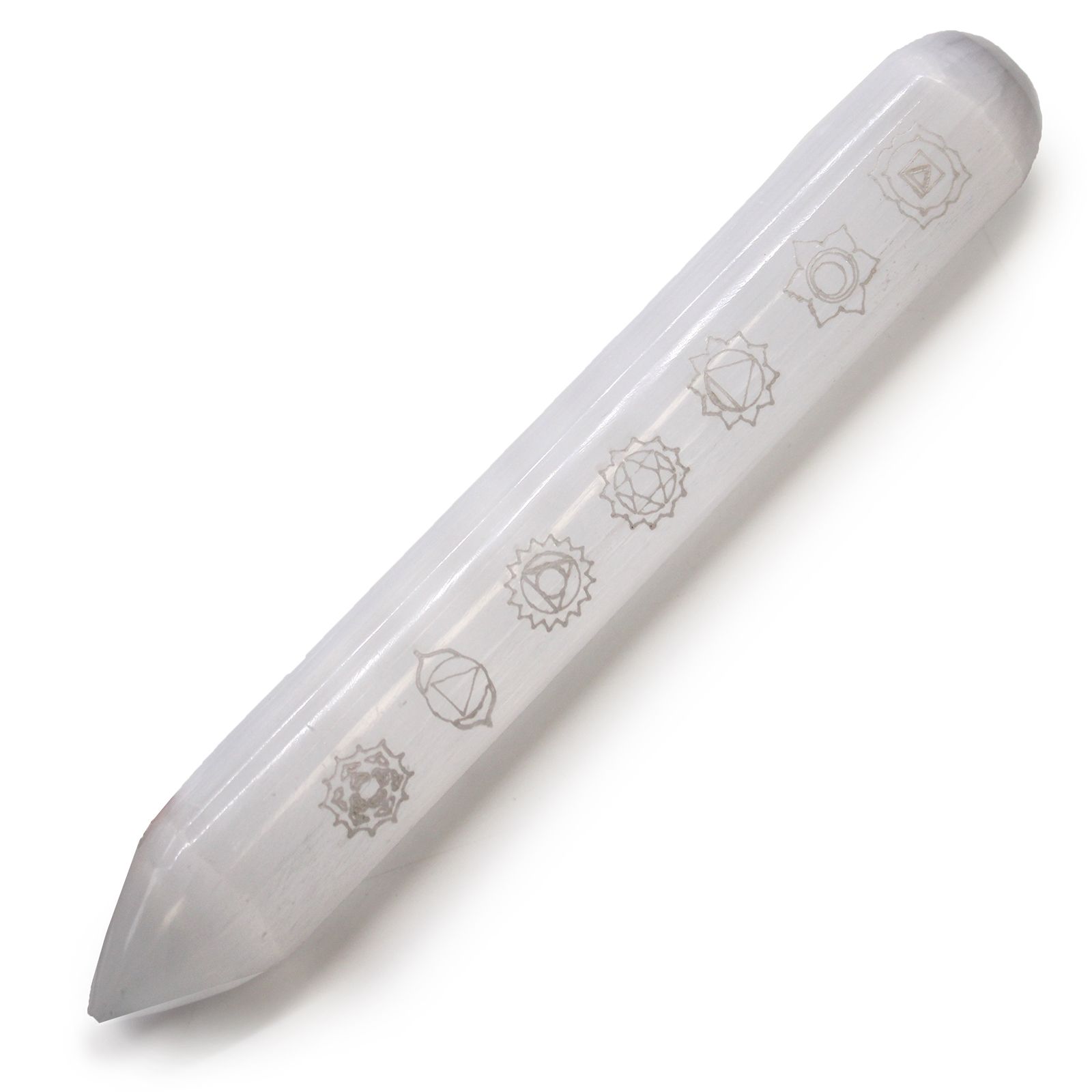 Selenitstav – 7 chakra (spids i den ene ende) 14–16 cm