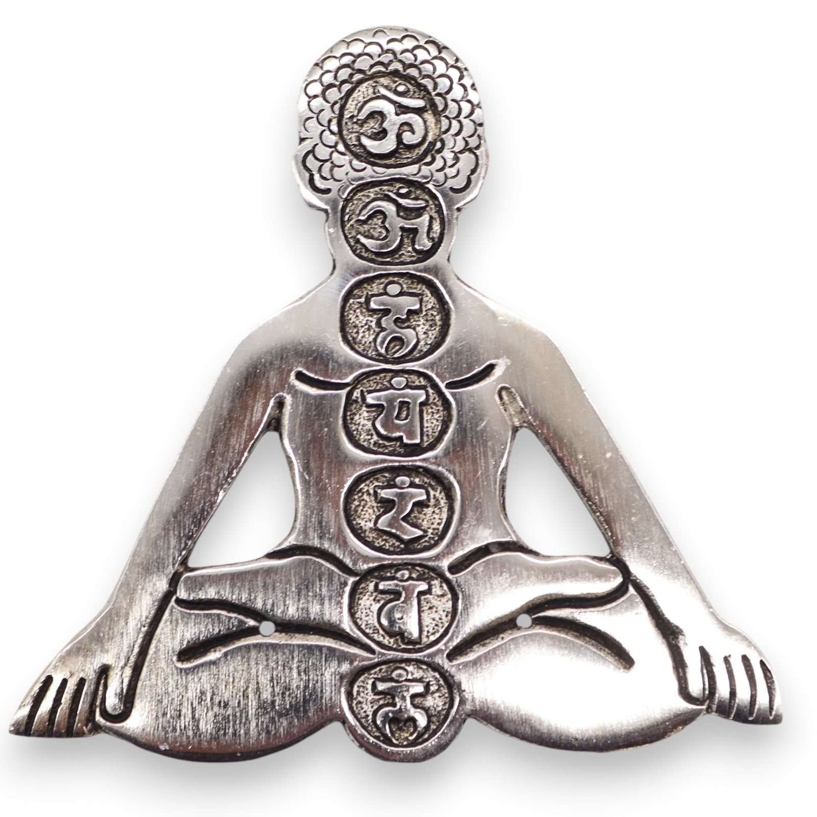 Poleret aluminium røgelsesholder – Syv Chakra Yoga (12×12 cm)