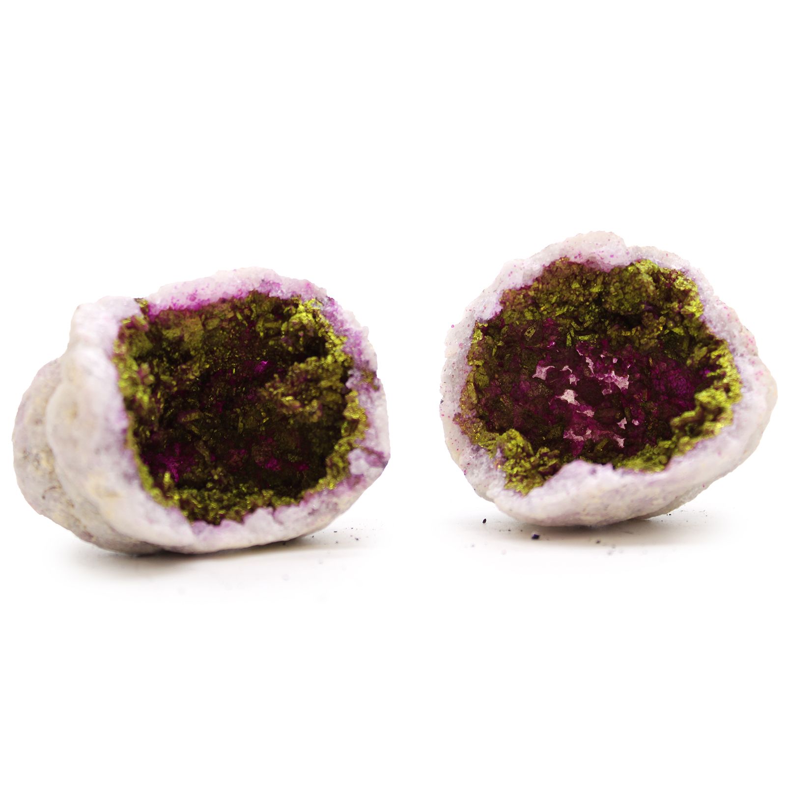 Farvede calcitgeoder – pink + guld