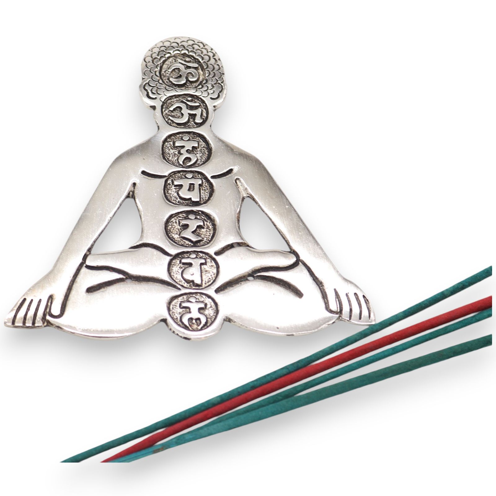 Poleret aluminium røgelsesholder – Syv Chakra Yoga (12×12 cm)