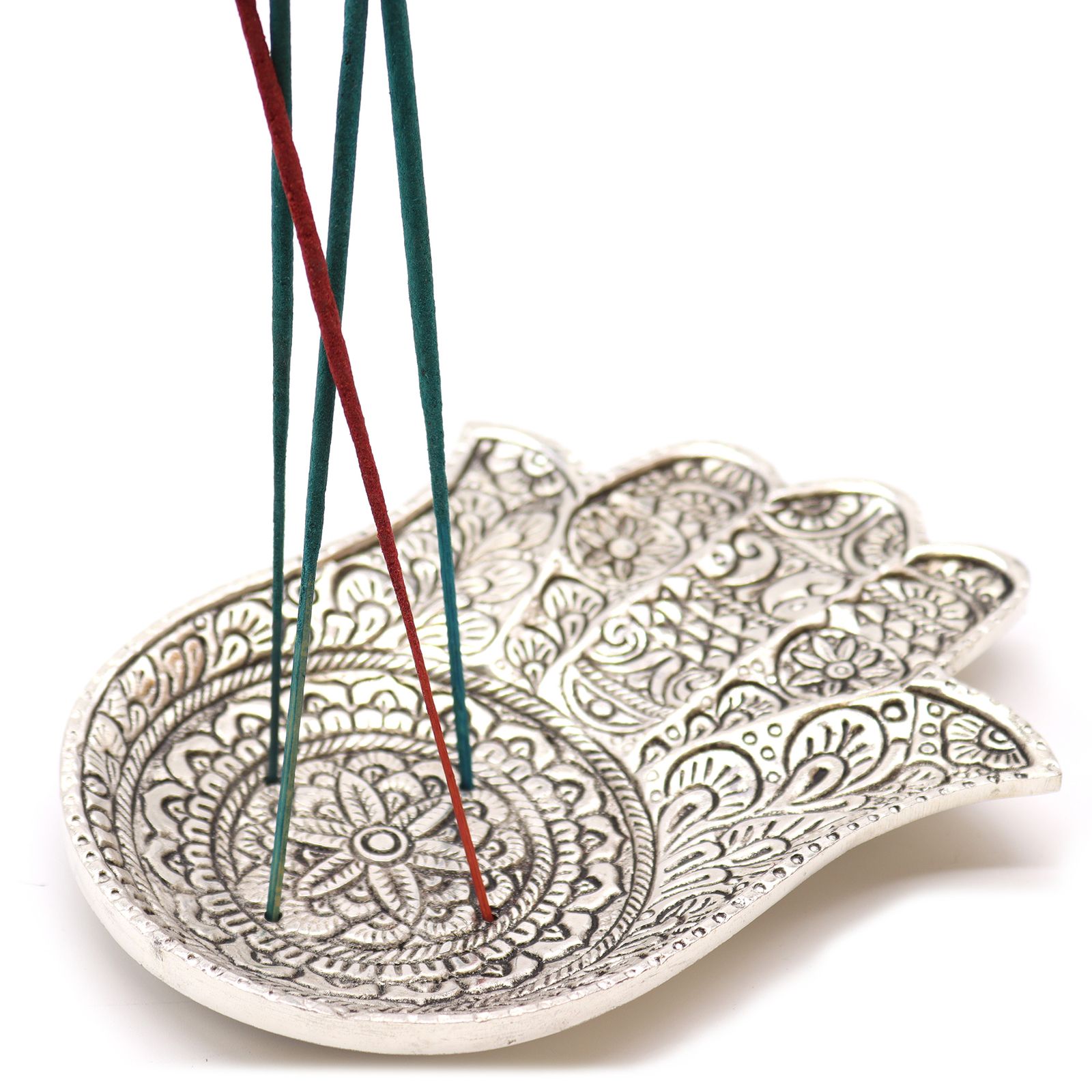 Poleret aluminium røgelsesholder – Stor Hamsa (18×13 cm)