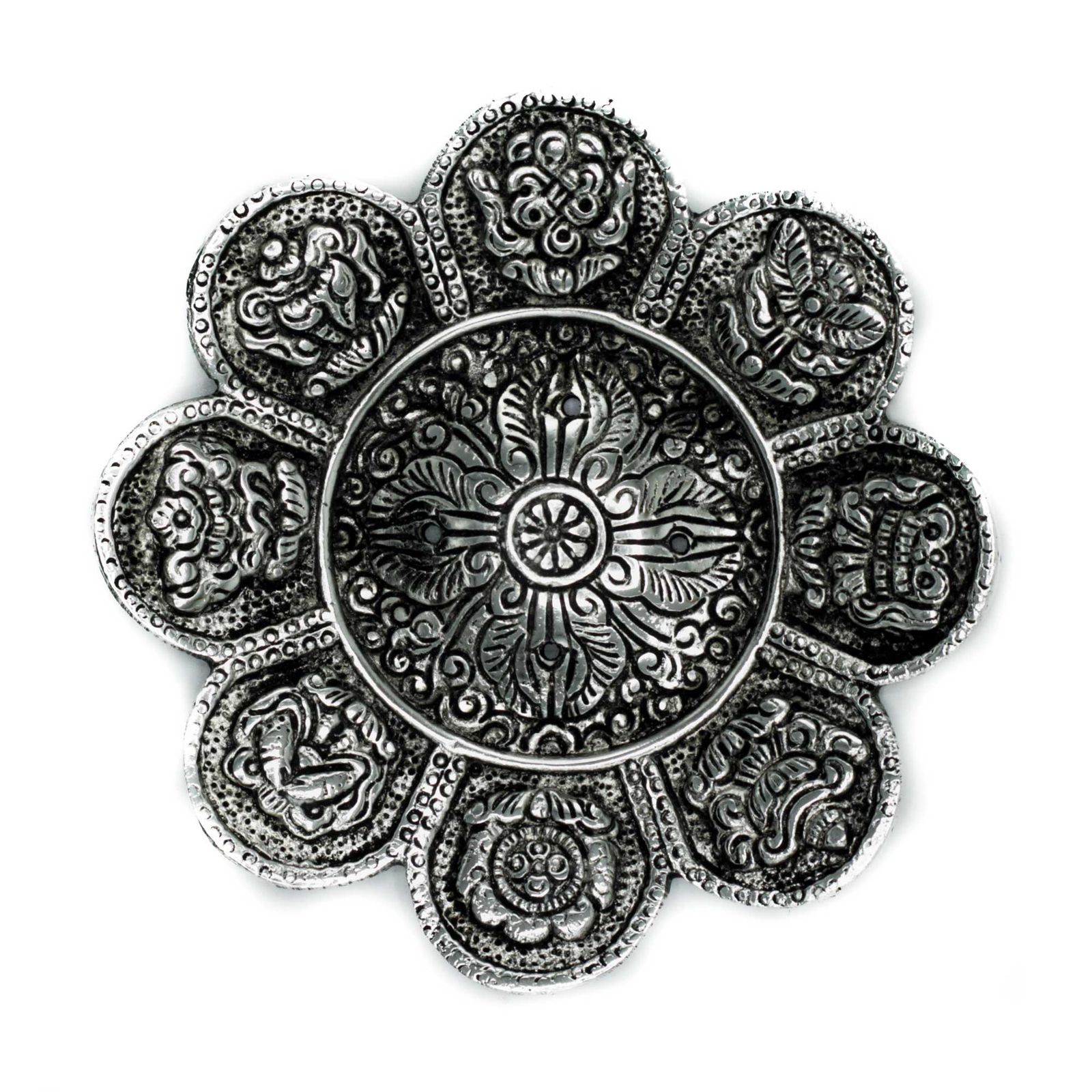Poleret aluminium røgelsesholder – Tibetan Symbols (12 cm)
