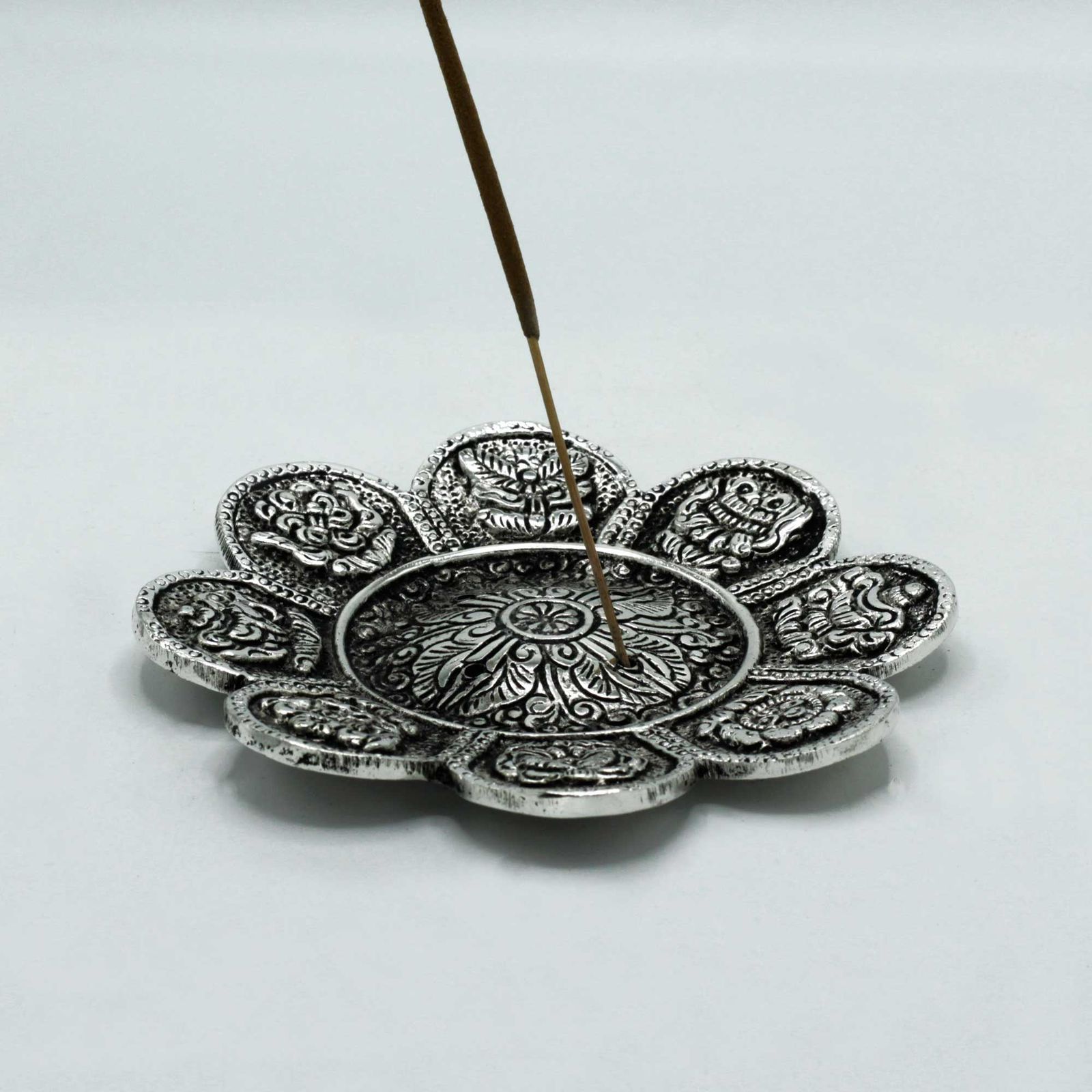 Poleret aluminium røgelsesholder – Tibetan Symbols (12 cm)