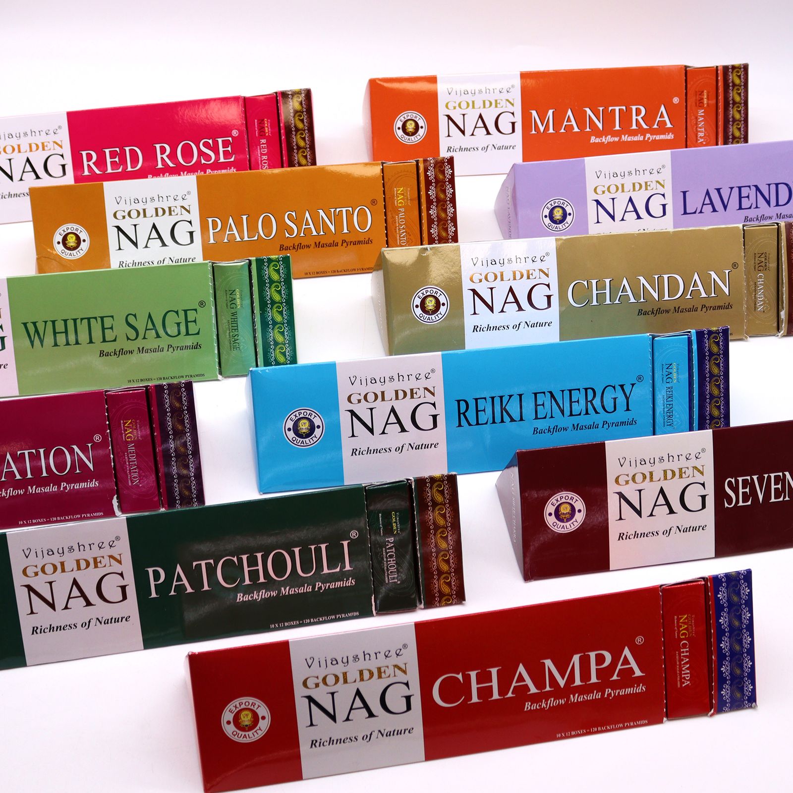 Golden Nag backflow røgelseskegler – Seven Chakra Jumbo (42 g)