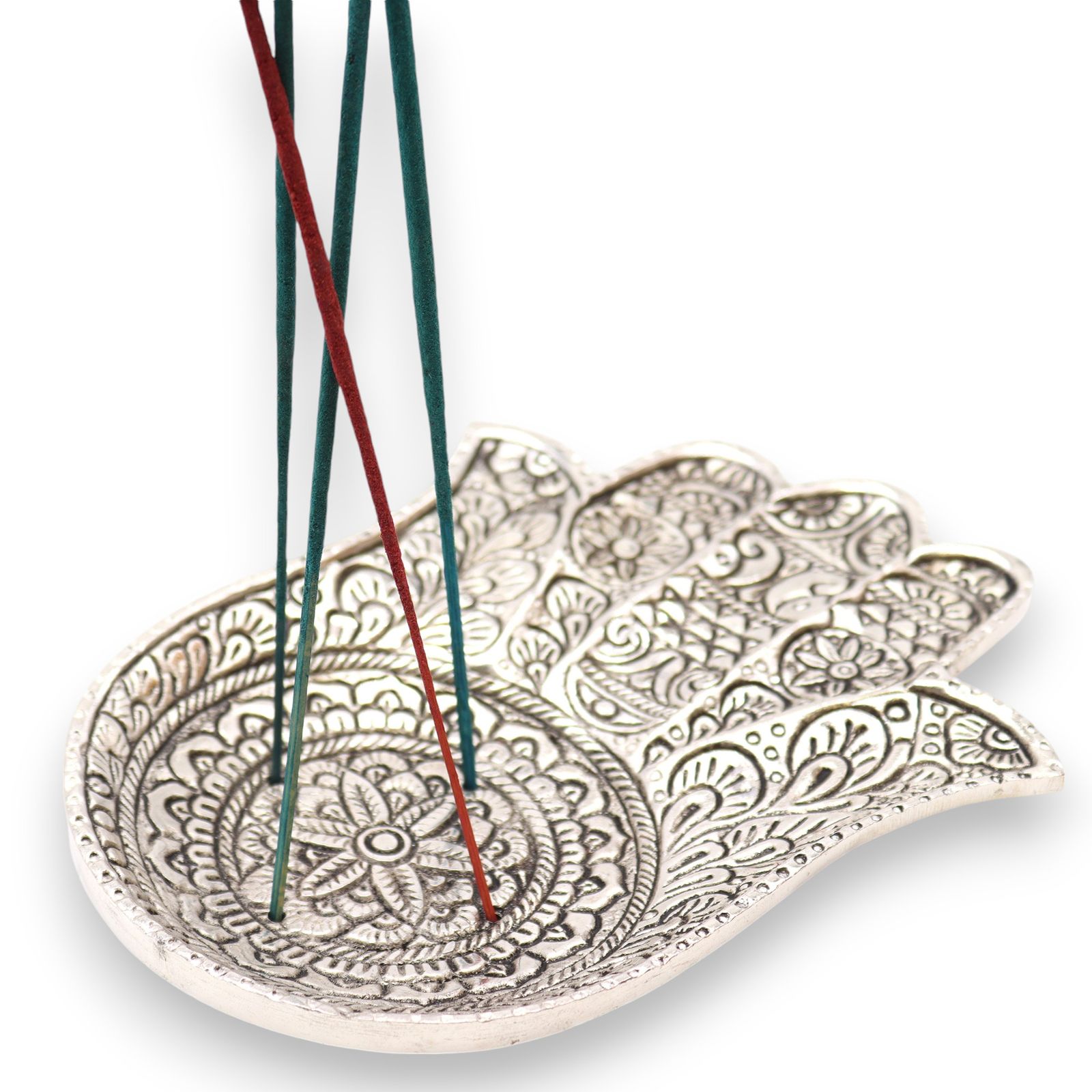 Poleret aluminium røgelsesholder – Stor Hamsa (18×13 cm)