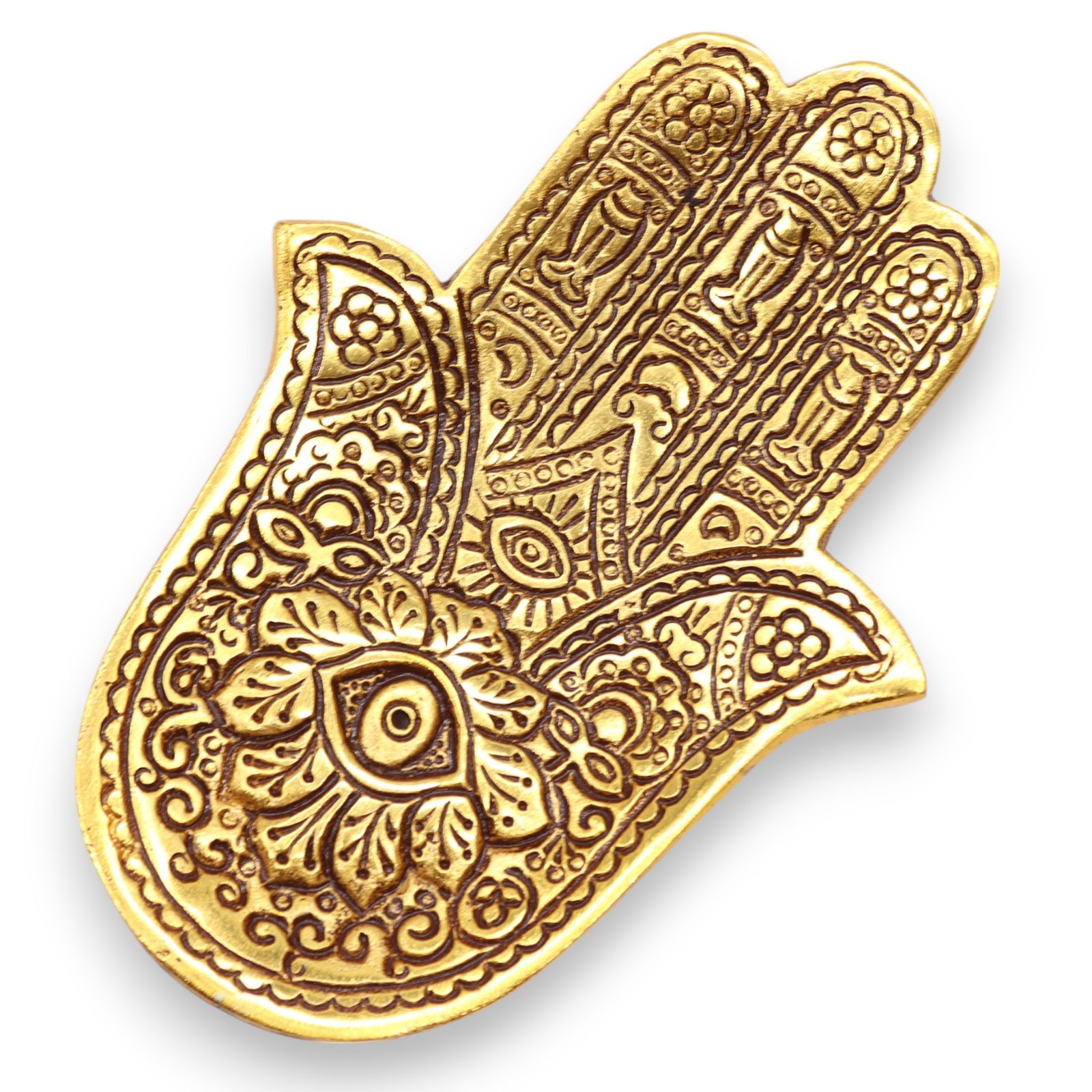 Guld aluminium røgelsesholder – Lille Hamsa (13×5,5 cm)