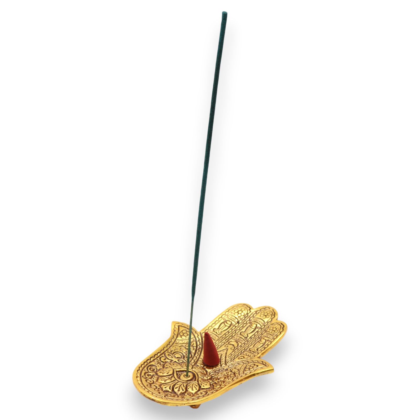 Guld aluminium røgelsesholder – Lille Hamsa (13×5,5 cm)