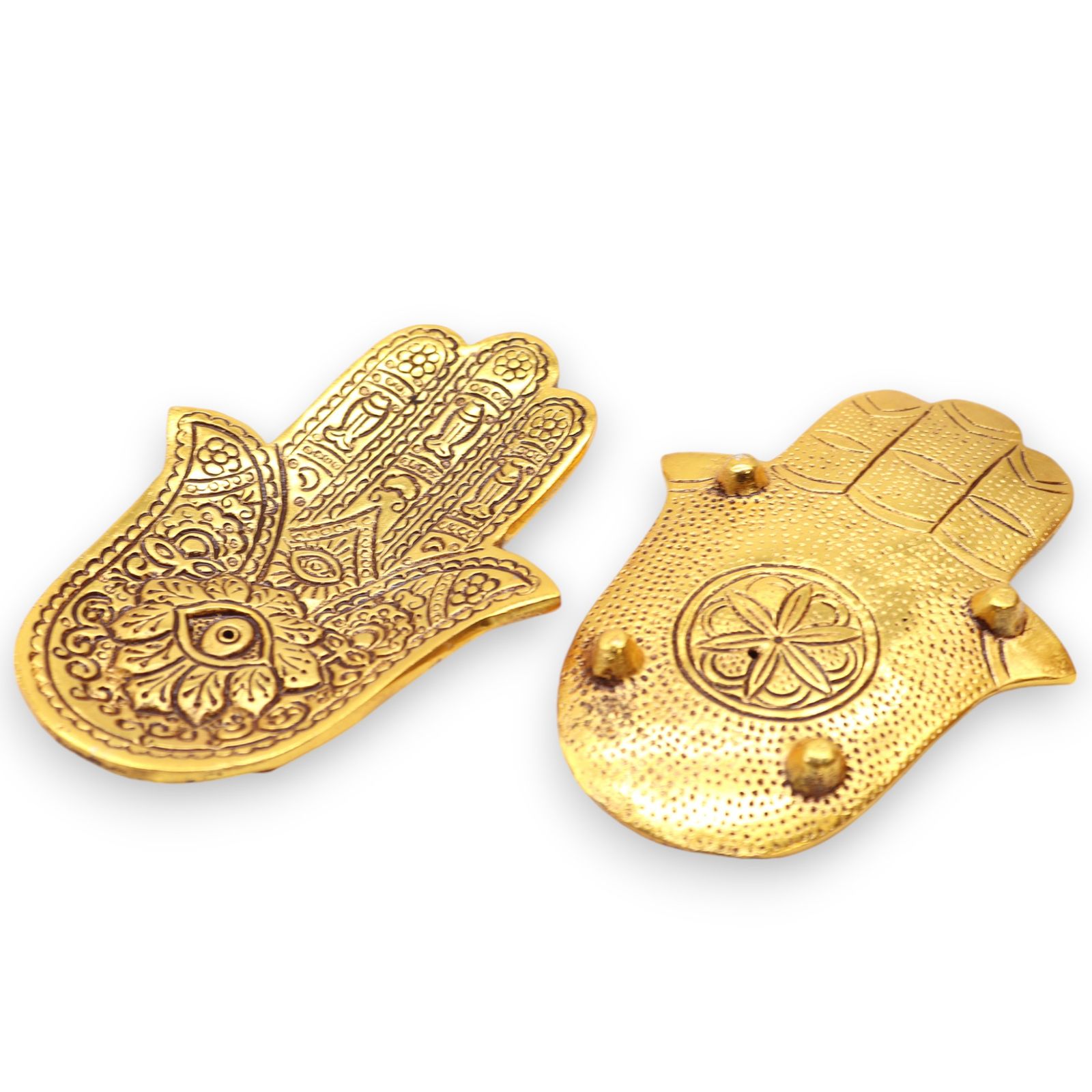 Guld aluminium røgelsesholder – Lille Hamsa (13×5,5 cm)