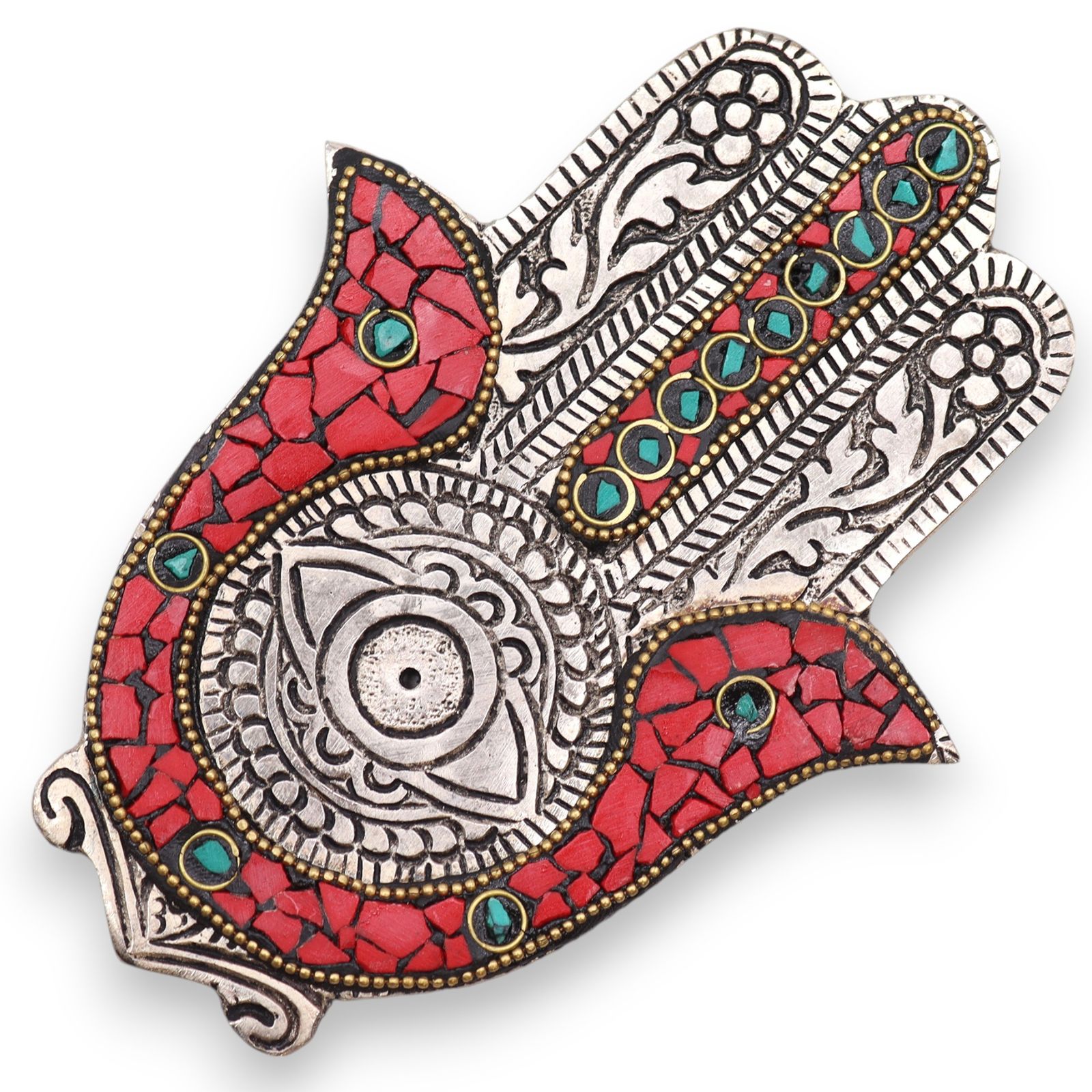 Rød & Grøn røgelsesholder – Lille Hamsa (13×5,5 cm)