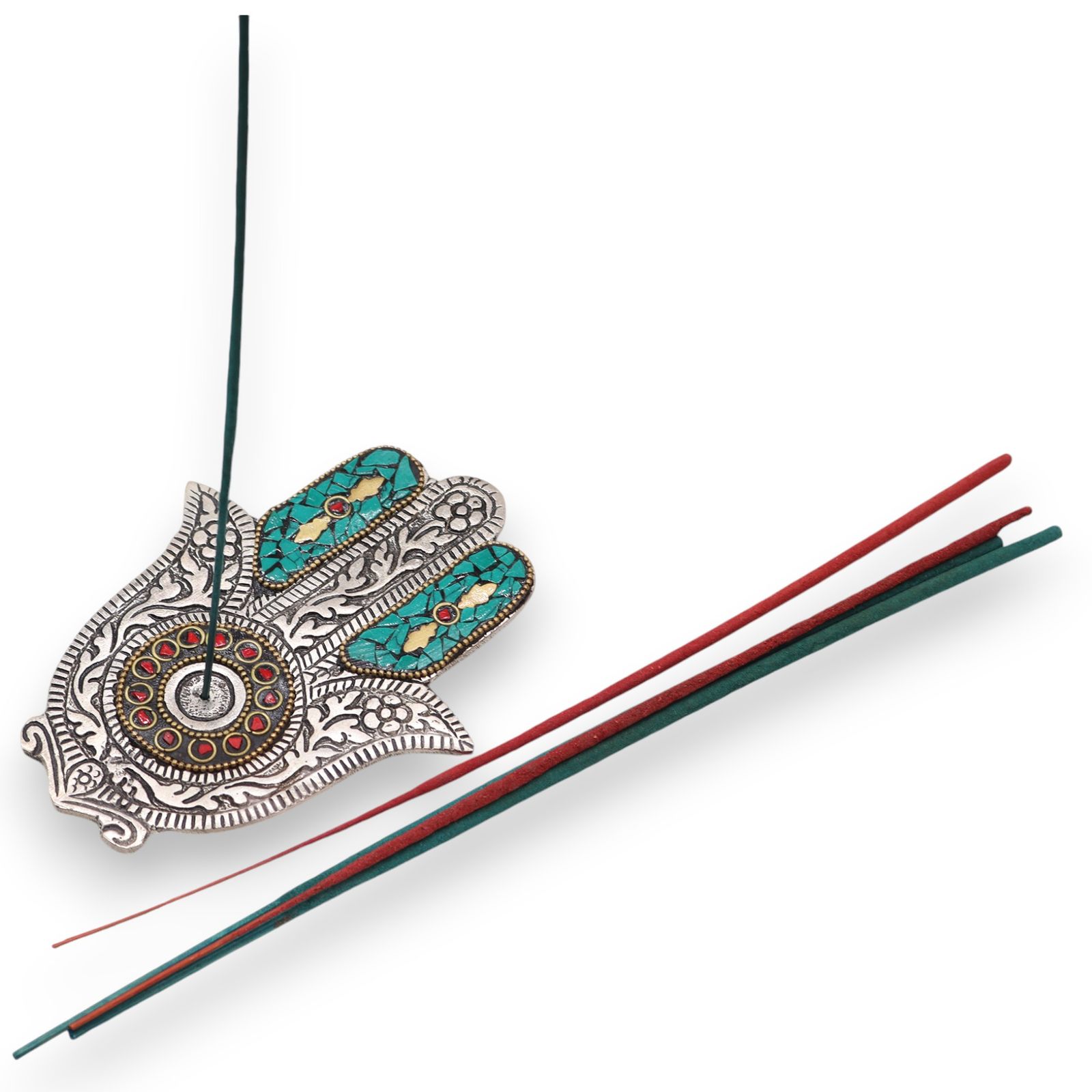 Grøn røgelsesholder – Lille Hamsa (13×5,5 cm)