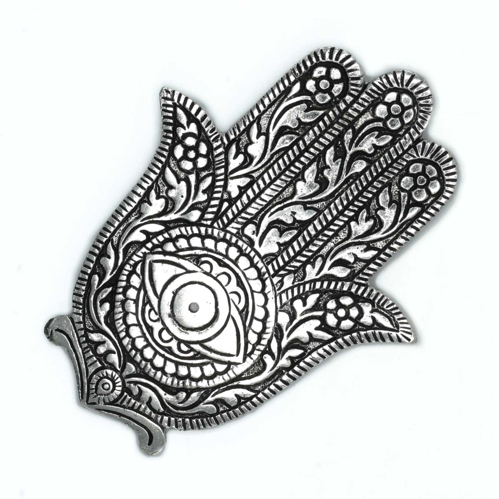 Poleret aluminium røgelsesholder – Hamsa (14 cm)