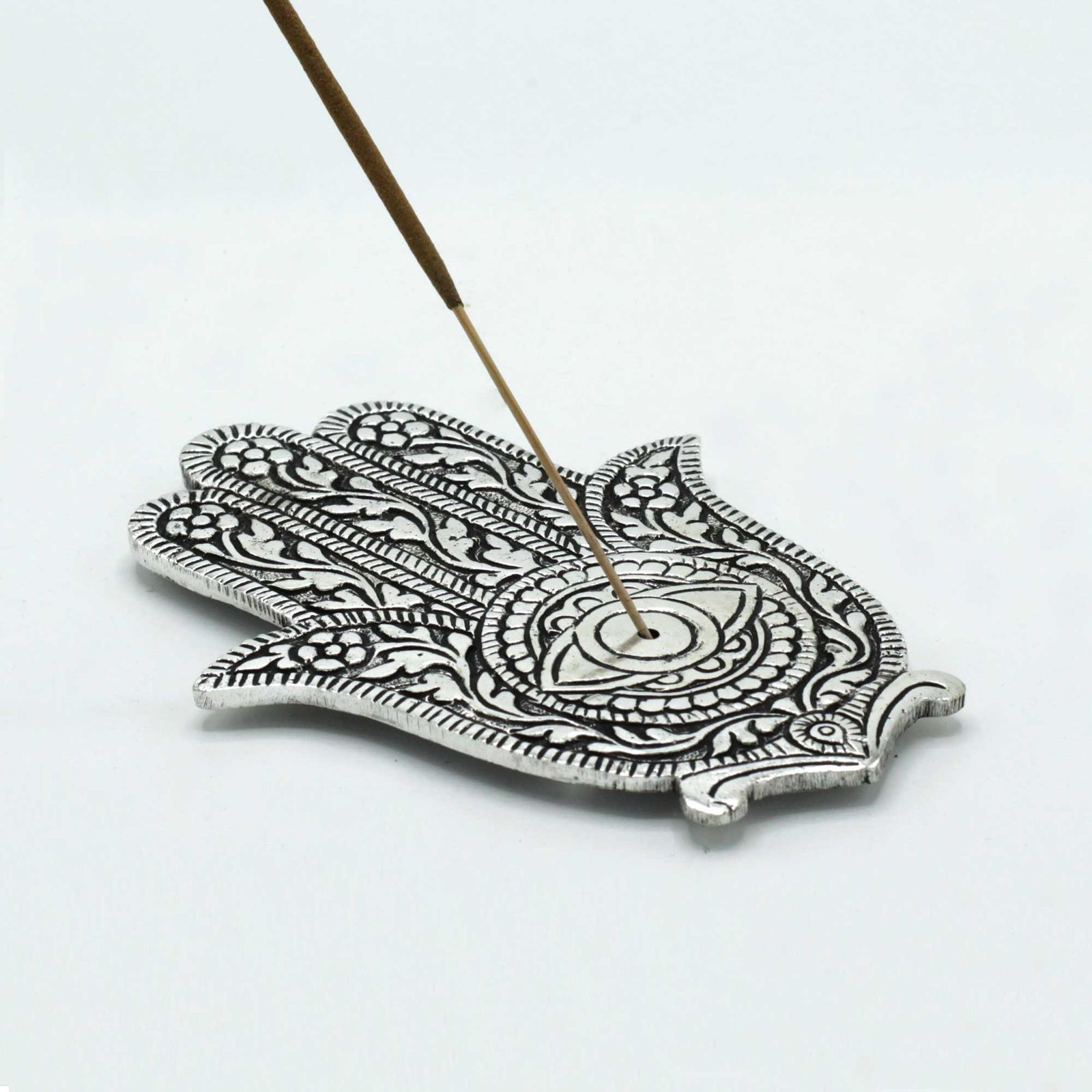 Poleret aluminium røgelsesholder – Hamsa (14 cm)
